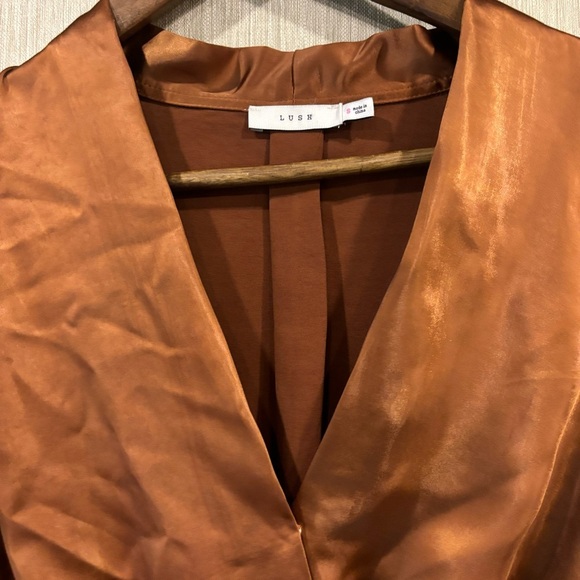 LUSH Rust Orange Satin Long Sleeve Blouse with Tie Front - Picture 3 of 5